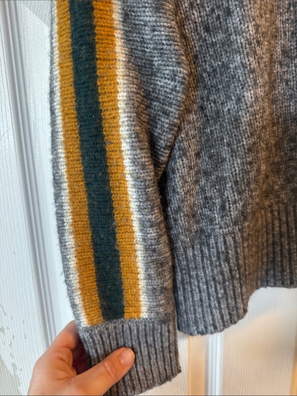 Madewell Gray Crewneck Sweater with Mustard, Green & Rust Stripes - Picture 6 of 7
